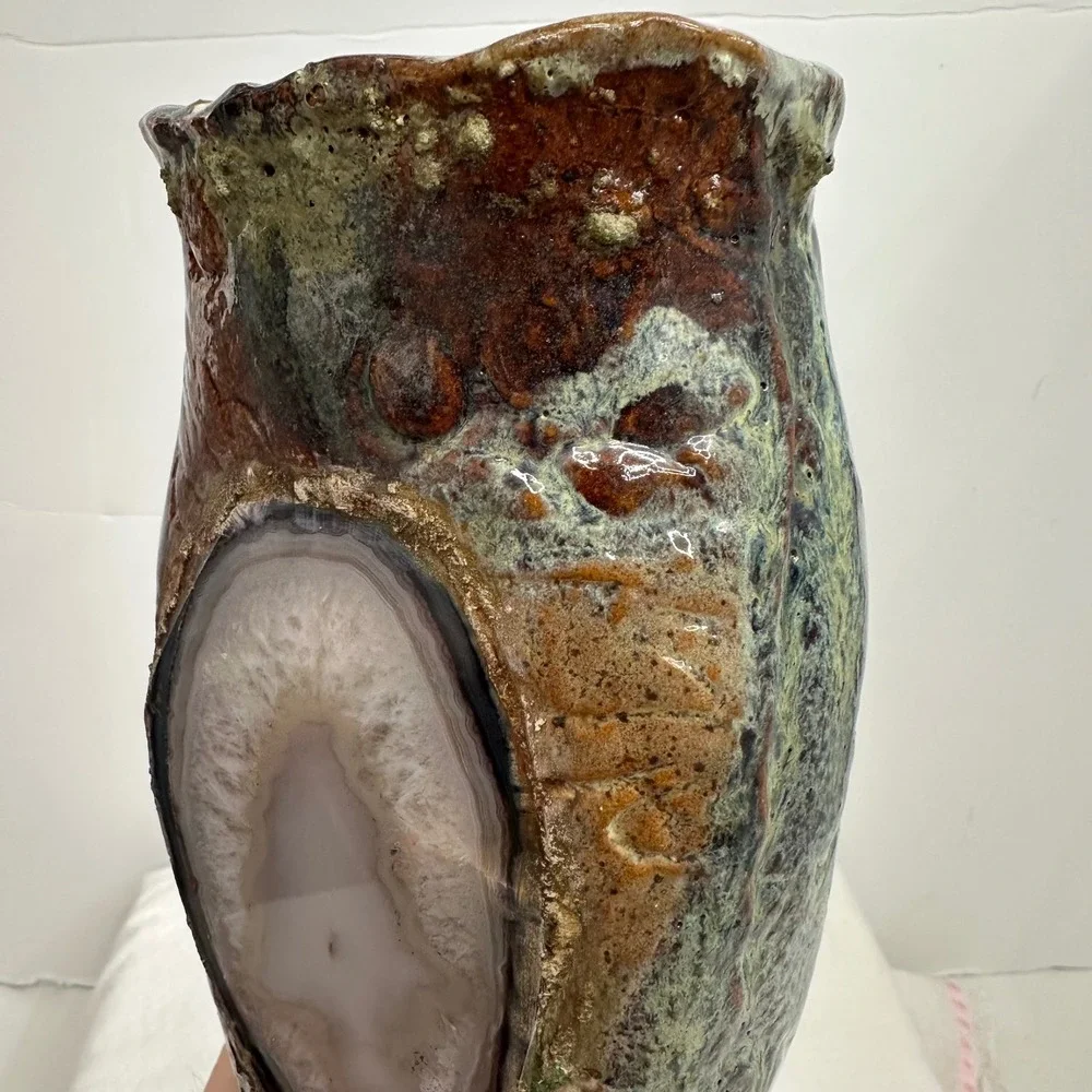 Terrance M Bedell Studio Pottery Vase Handmade signed '14‎ Brown Geode luminary